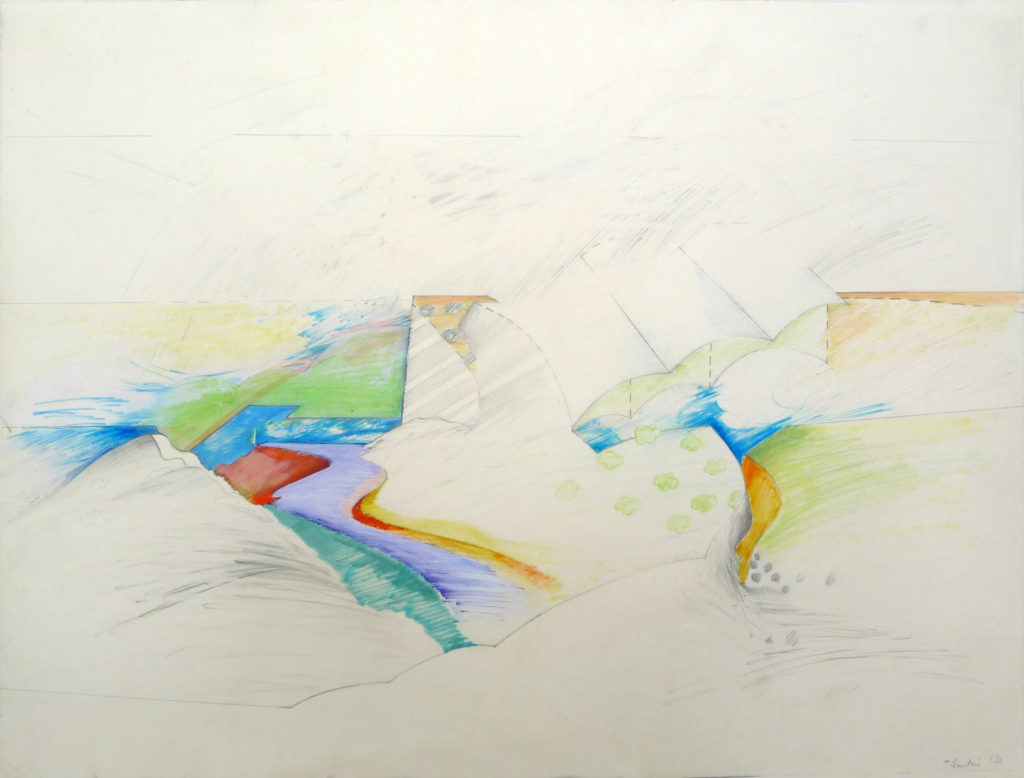 Pierre Courtois . "Route vers le tendu" · technique mixte sur papier · 53 x 73 cm · 1971