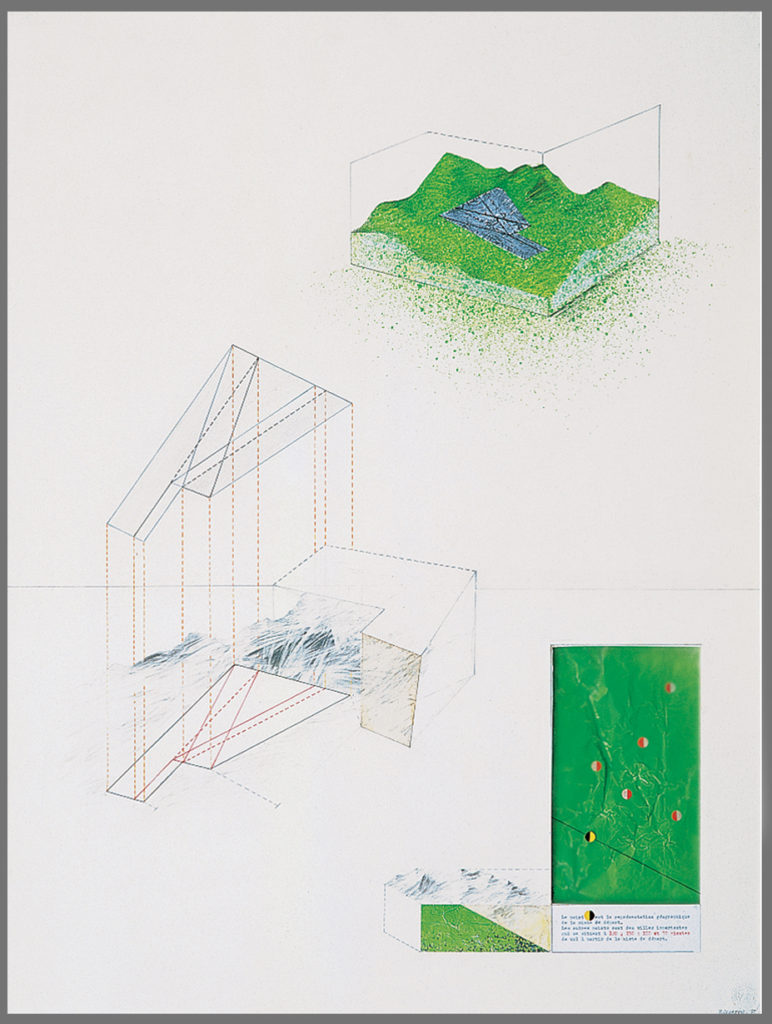 Pierre Courtois . "Projet piste de départ" . Dessin,technique mixte .72 x 53 cm . 1973