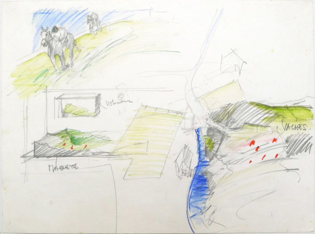 Pierre Courtois . Paysage et intégration de boîtes · crayons aquarelle sur papier · 53 x 73 cm · 1971
