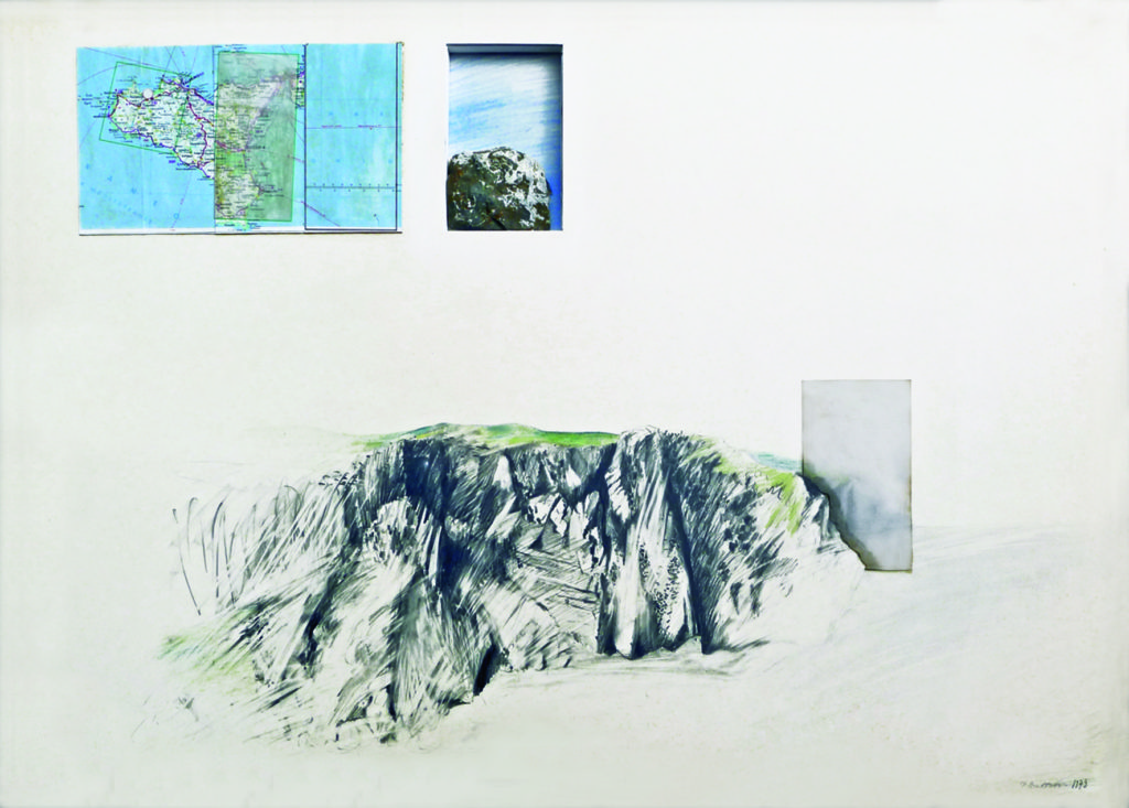 Pierre Courtois - Rocher brun et blanc sur la falaise - Montage – dessin, carte et pierre - 60 x 84 cm - 1973